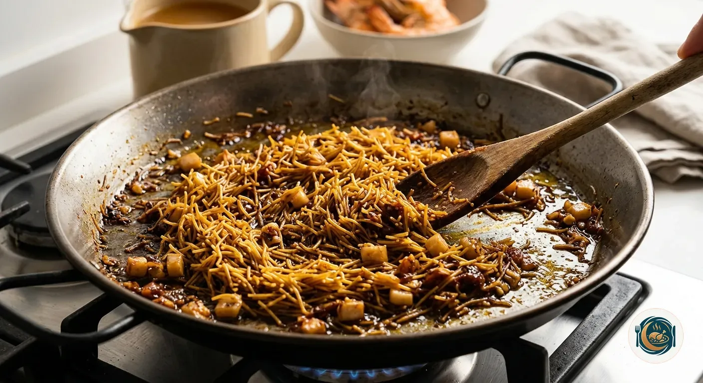 Fideos dorándose en el sofrito de la fideuá antes de añadir el caldo