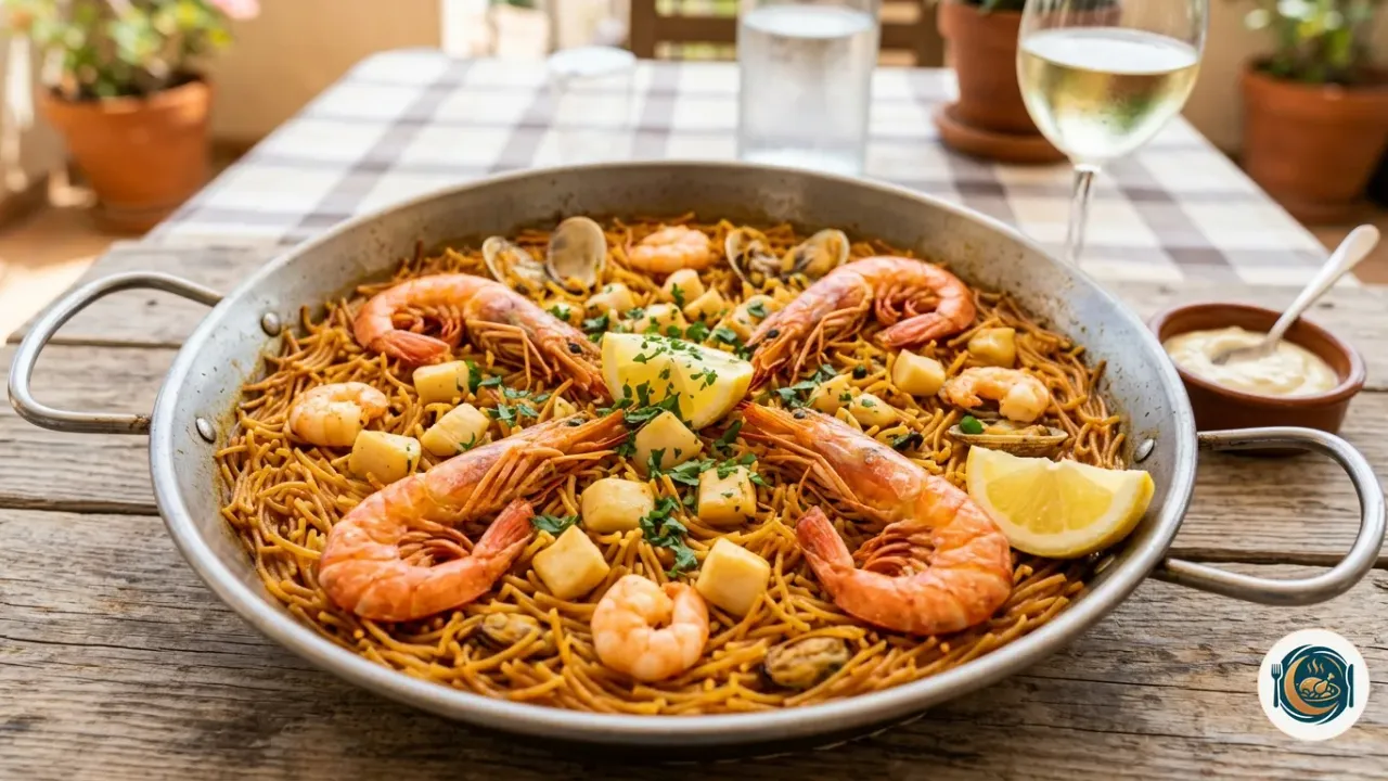 Fideuá de marisco en paella con gambas enteras y fideos dorados