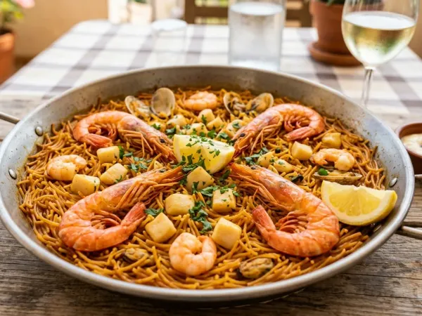 Fideuá de marisco en paella con gambas enteras y fideos dorados
