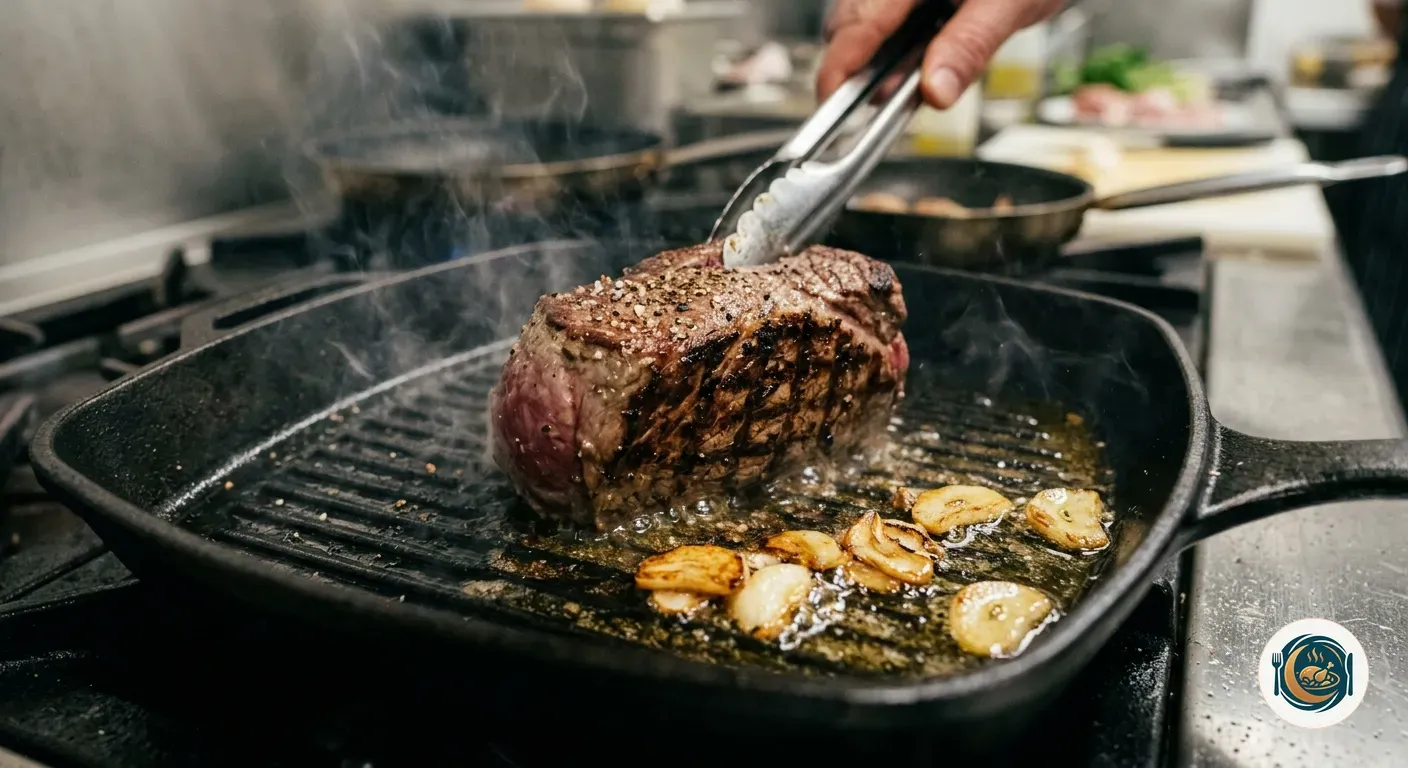Filete de ternera marcándose en una plancha caliente con ajo y aceite