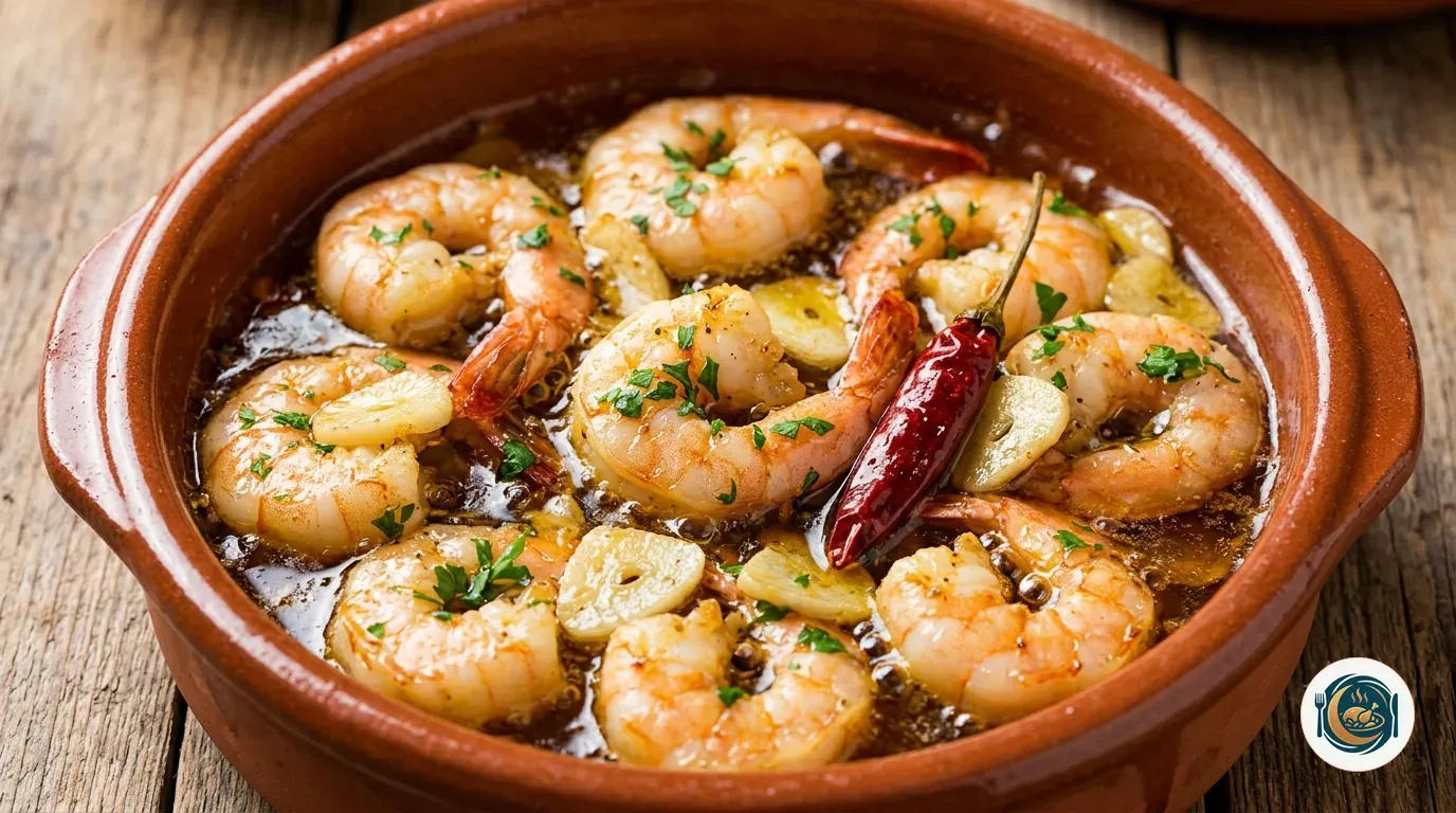Gambas al ajillo con ajo laminado y guindilla en la sartén