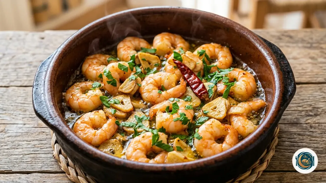 Cazuela de barro con gambas al ajillo, ajo laminado, guindilla y perejil