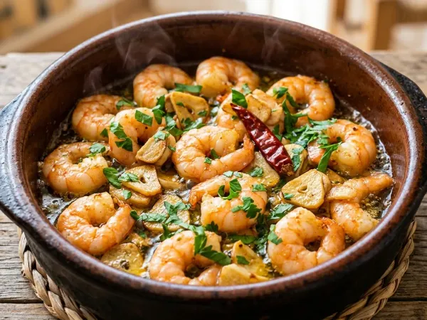 Cazuela de barro con gambas al ajillo, ajo laminado, guindilla y perejil