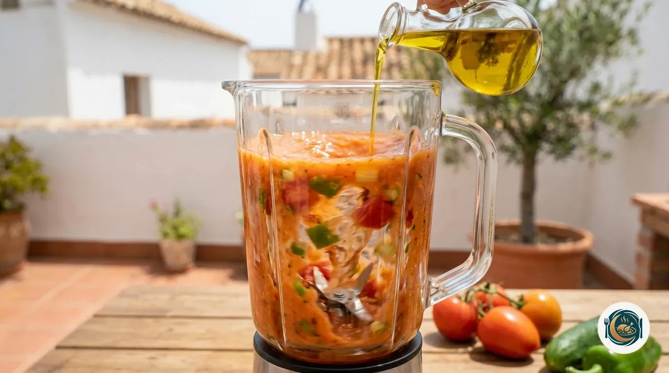 Gazpacho triturándose en la batidora con tomate, pimiento y pepino