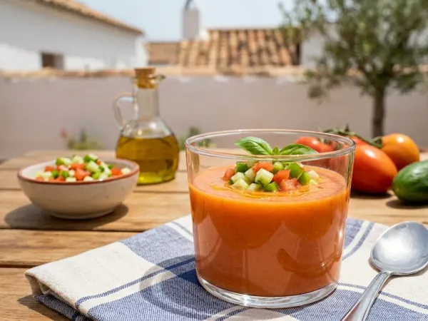 Vaso de gazpacho andaluz con dados de pepino, tomate y pimiento