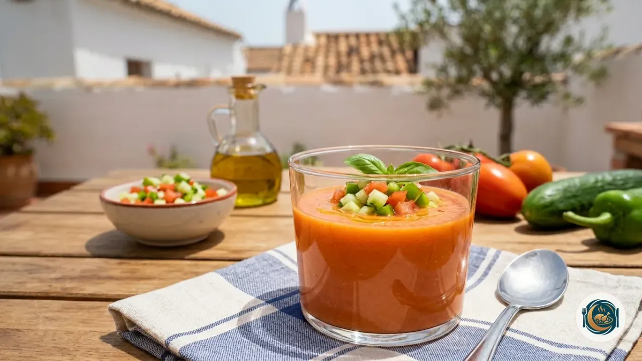 Vaso de gazpacho andaluz con dados de pepino, tomate y pimiento
