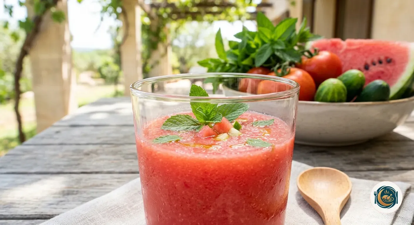 Vaso de gazpacho de sandía con menta fresca