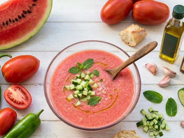 Vaso de gazpacho de sandía rosado con dados de pepino y hojas de menta