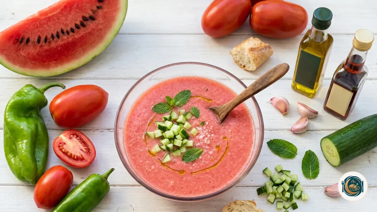 Vaso de gazpacho de sandía rosado con dados de pepino y hojas de menta