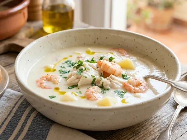 Plato hondo de gazpachuelo malagueño con merluza, gambas y patata