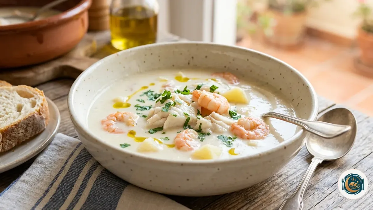 Plato hondo de gazpachuelo malagueño con merluza, gambas y patata