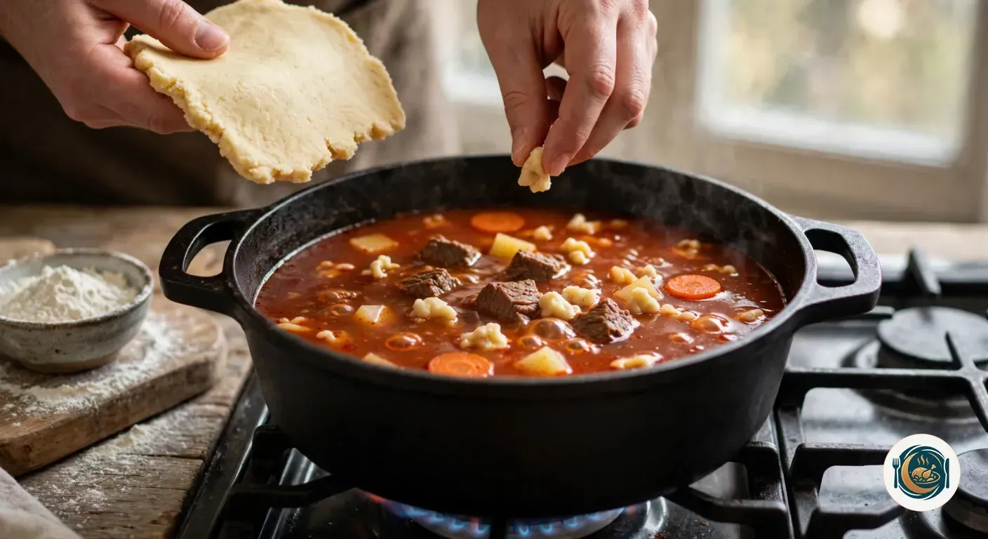 Dos manos arrancando trocitos de masa de huevo y harina sobre una olla de hierro con goulash rojo hirviendo