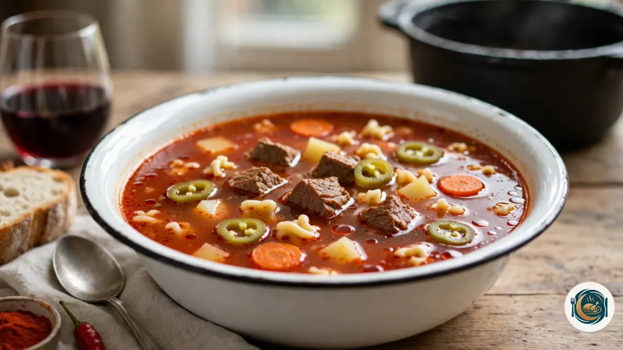 Cuenco de esmalte blanco con goulash húngaro: caldo rojo de pimentón con ternera, patata, zanahoria, aros de pimiento verde y pasta pequeña