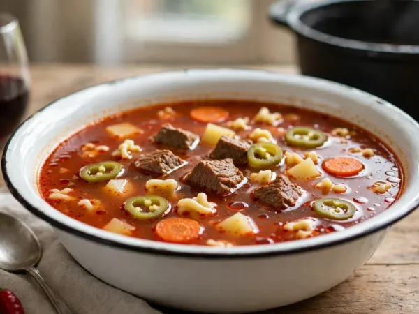 Cuenco de esmalte blanco con goulash húngaro: caldo rojo de pimentón con ternera, patata, zanahoria, aros de pimiento verde y pasta pequeña