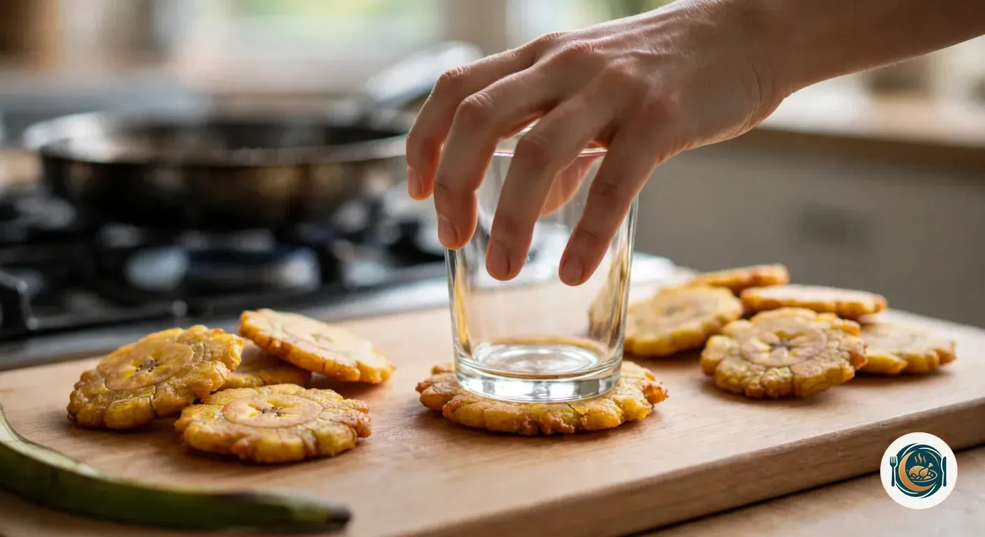 Mano aplastando un trozo de plátano macho frito con el fondo de un vaso