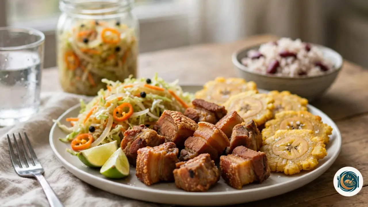 Griot haitiano crujiente con pikliz de repollo y plátano macho frito
