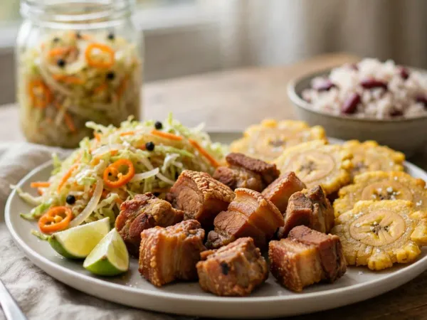 Griot haitiano crujiente con pikliz de repollo y plátano macho frito