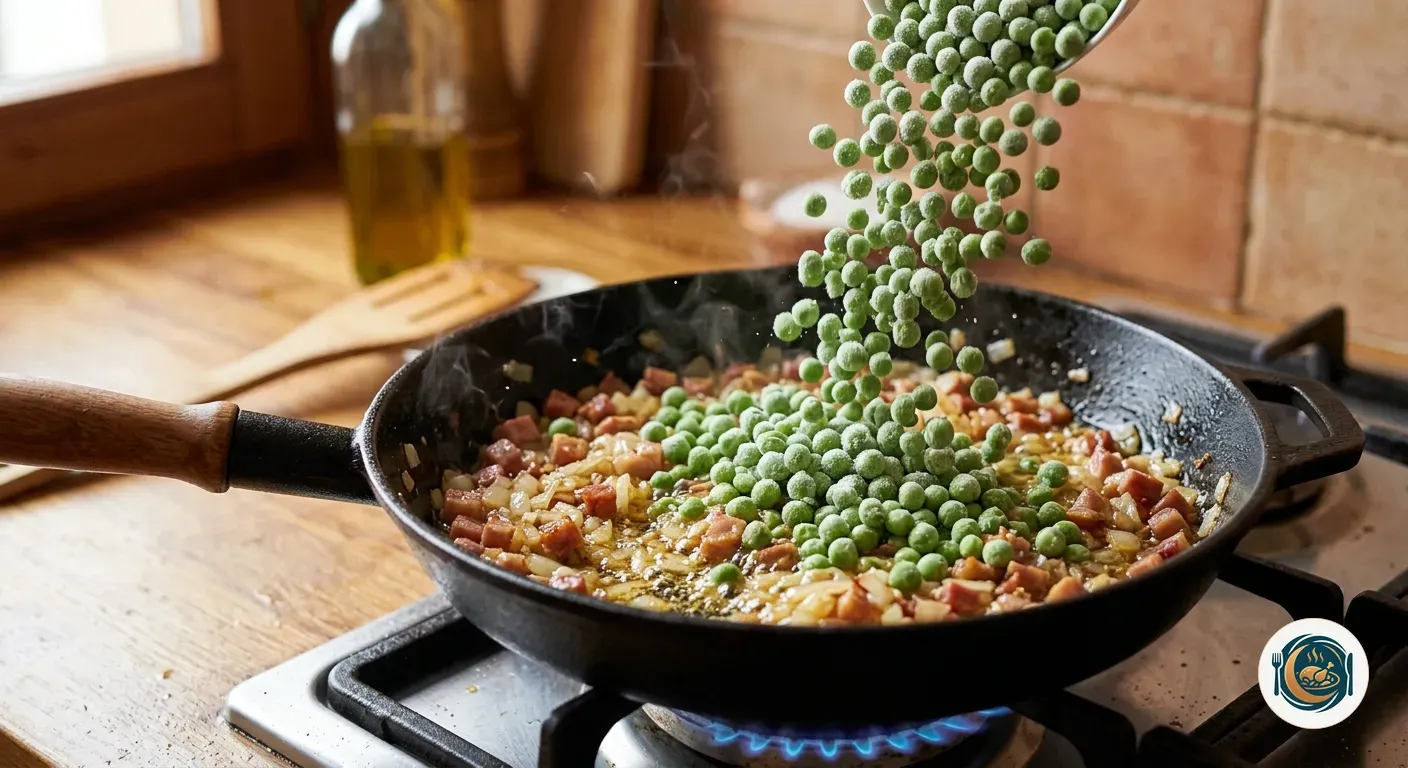 Guisantes congelados cayendo en una sartén con sofrito de cebolla y taquitos de jamón