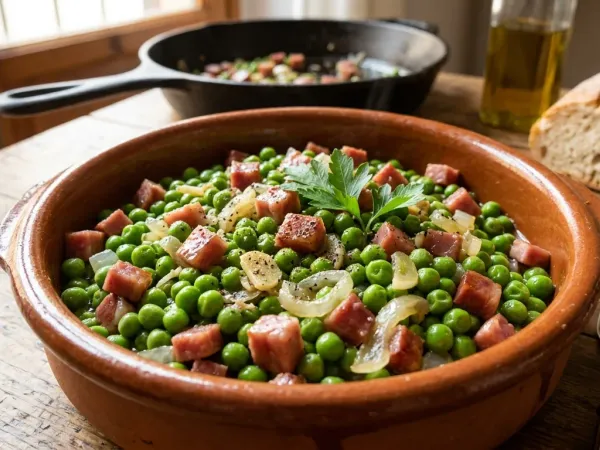 Guisantes con jamón serrano en taquitos servidos en una cazuela de barro