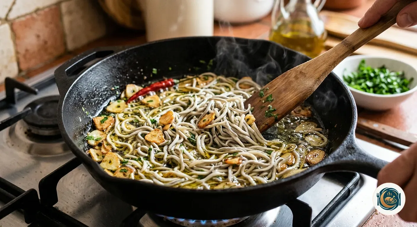 Sartén con las gulas al ajillo salteándose entre láminas de ajo dorado