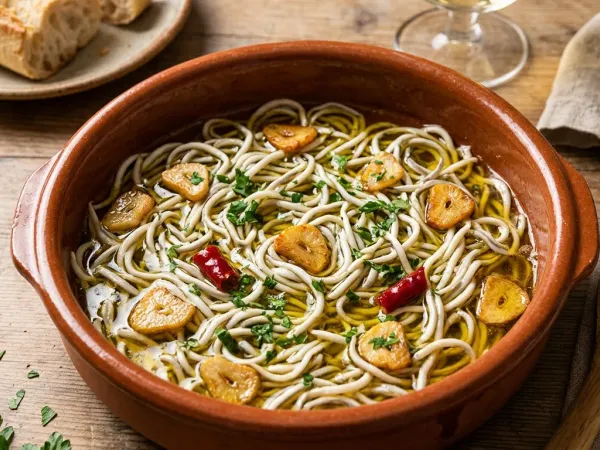 Cazuela de barro con gulas al ajillo, láminas de ajo dorado y una guindilla cayena
