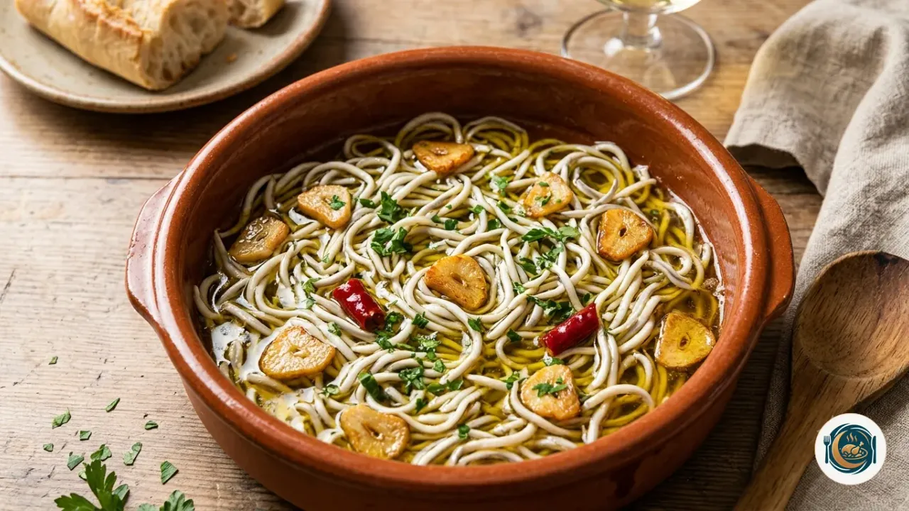 Cazuela de barro con gulas al ajillo, láminas de ajo dorado y una guindilla cayena