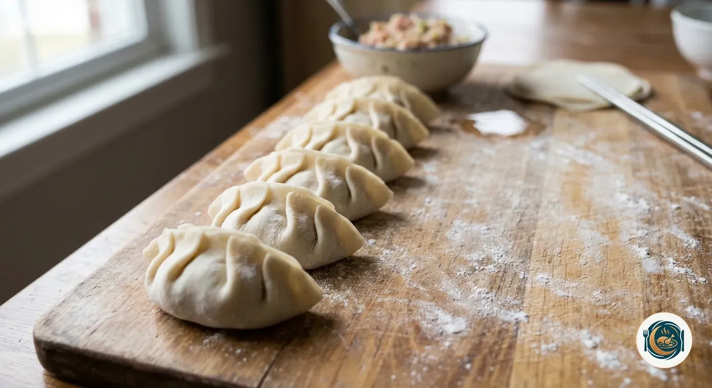 Gyozas plegadas en media luna sobre la tabla