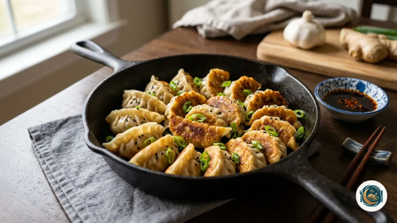Gyozas caseras de cerdo y col con la base dorada y crujiente en la sartén