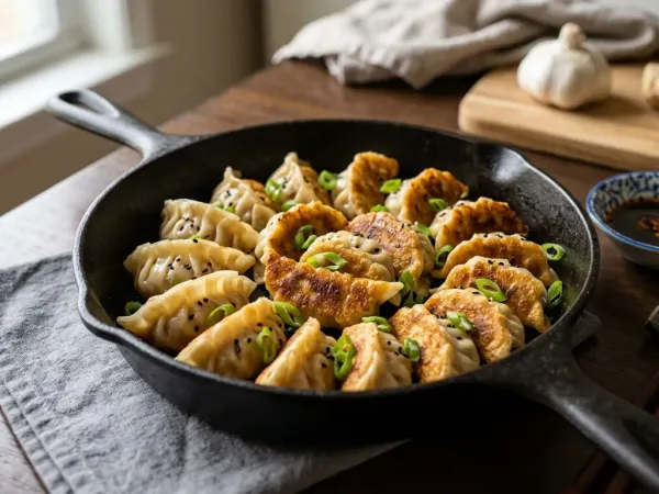Gyozas caseras de cerdo y col con la base dorada y crujiente en la sartén