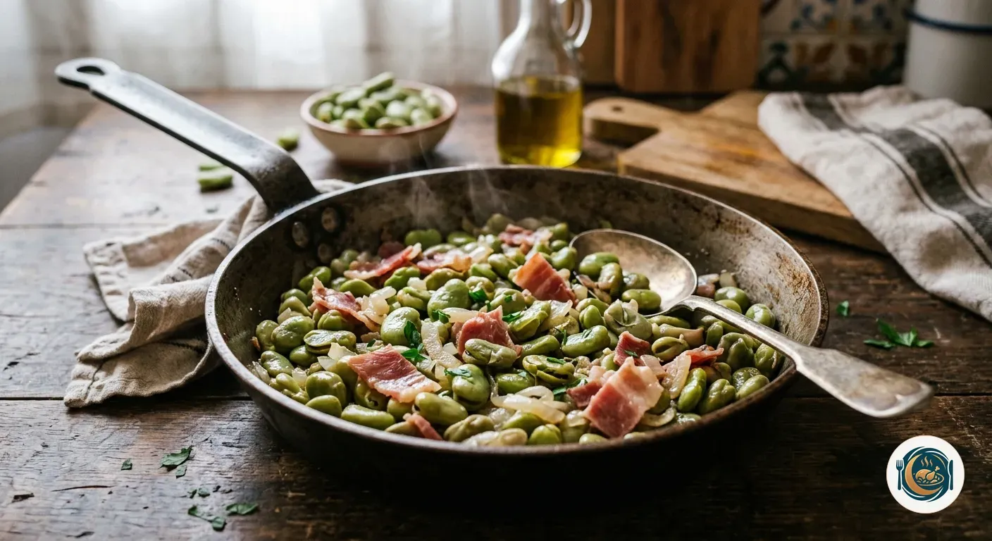 Habas con jamón salteadas con cebolla en una sartén de hierro