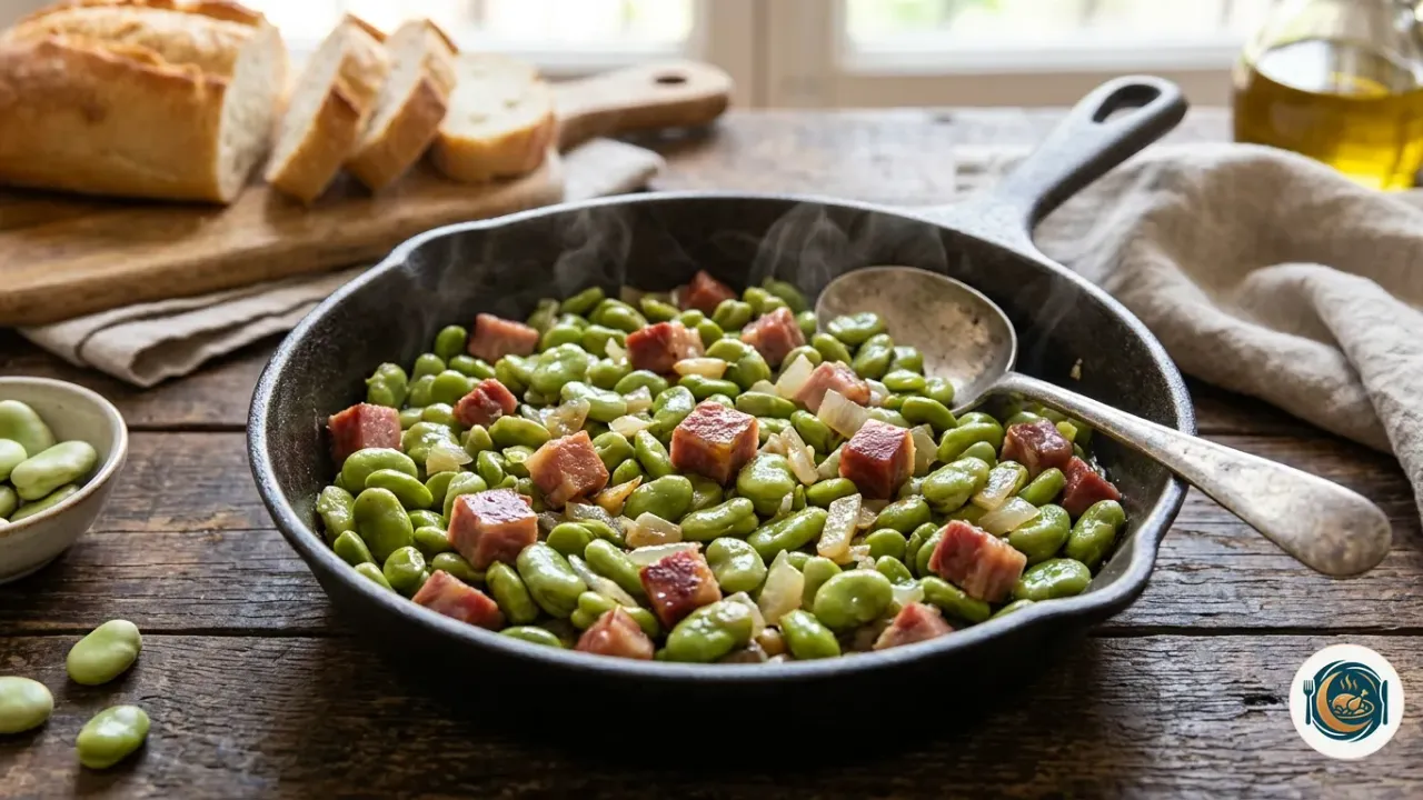 Sartén de habas con jamón salteadas con cebolla y aceite de oliva