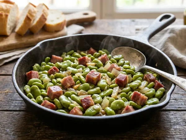Sartén de habas con jamón salteadas con cebolla y aceite de oliva