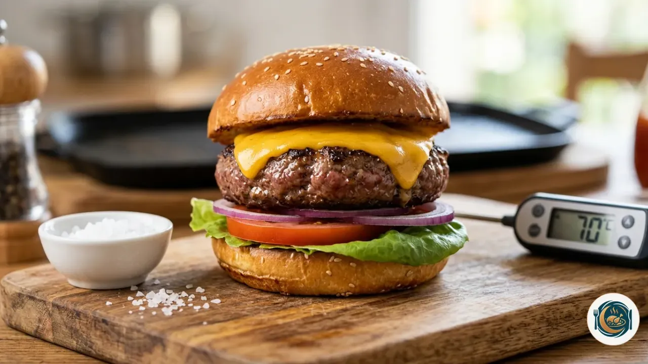 Hamburguesa casera con queso fundido, lechuga y tomate dentro del pan