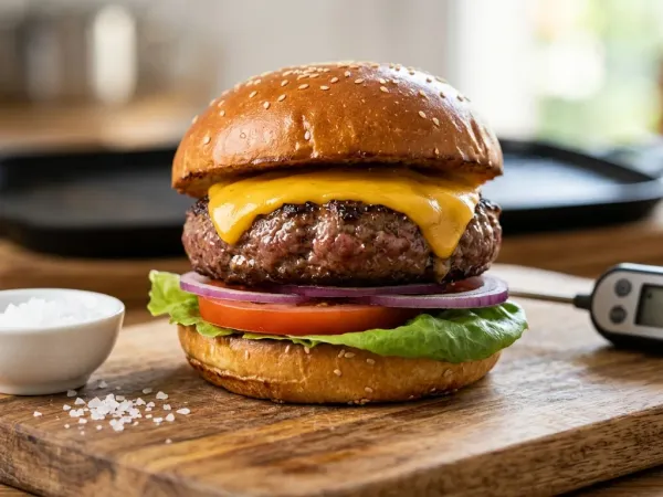 Hamburguesa casera con queso fundido, lechuga y tomate dentro del pan