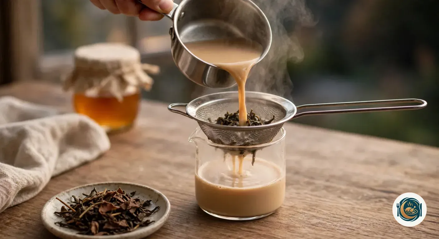 Hojicha con leche colado sobre una jarra de cristal