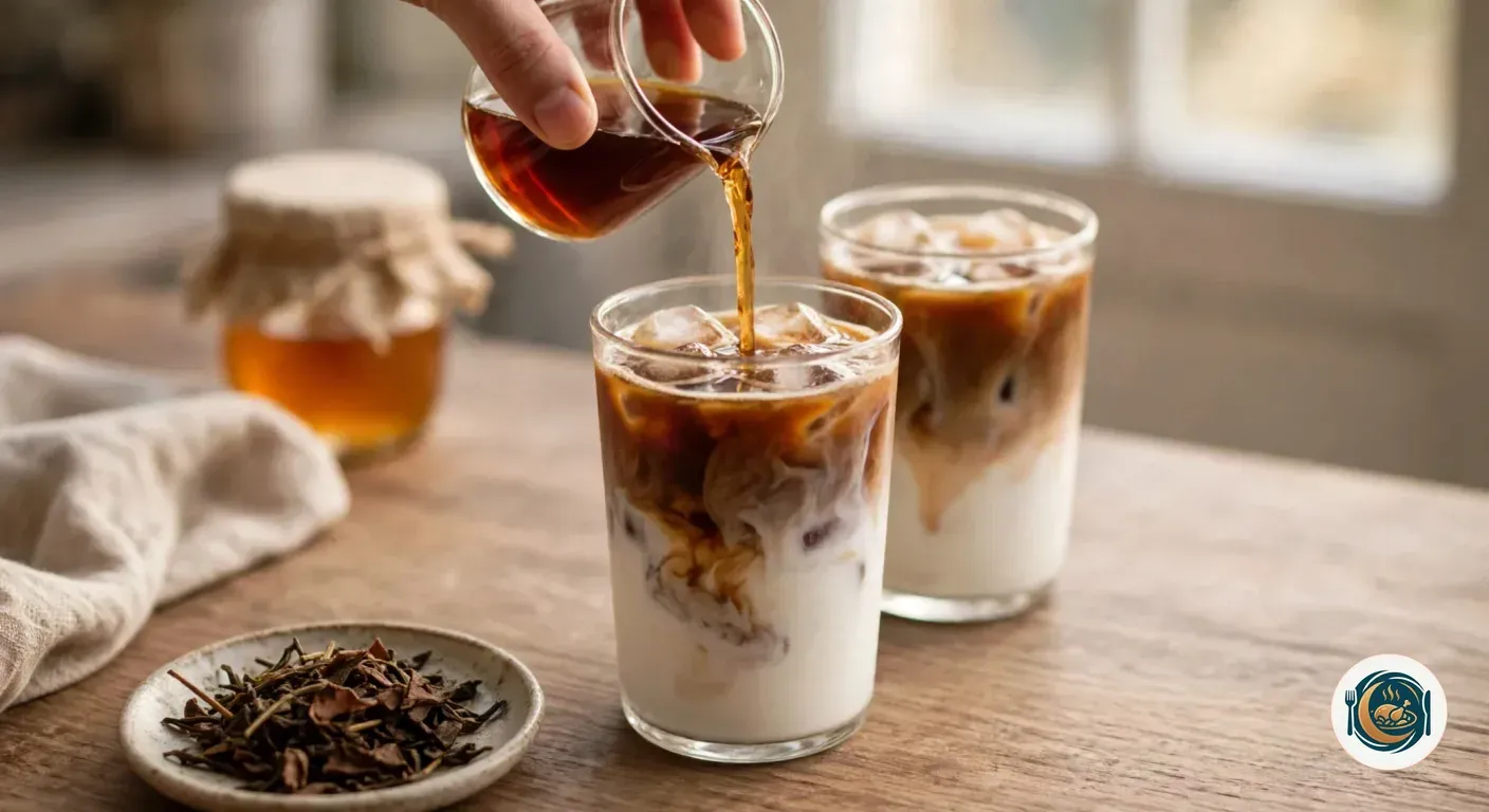 Hojicha vertido sobre un vaso de leche fría con hielo