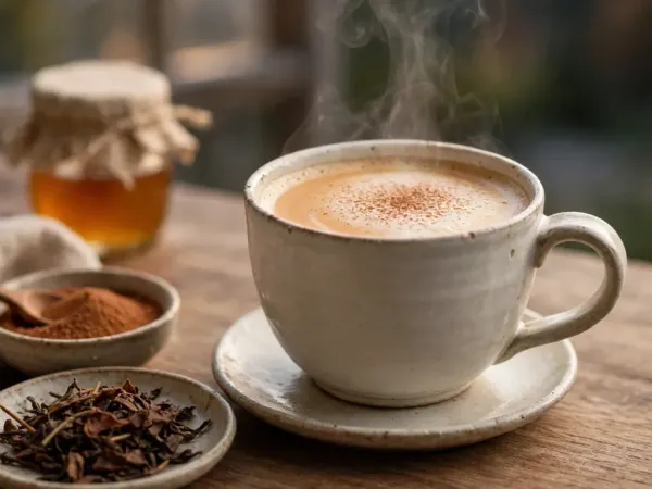 Taza de hojicha latte con espuma junto a hojas de té tostado