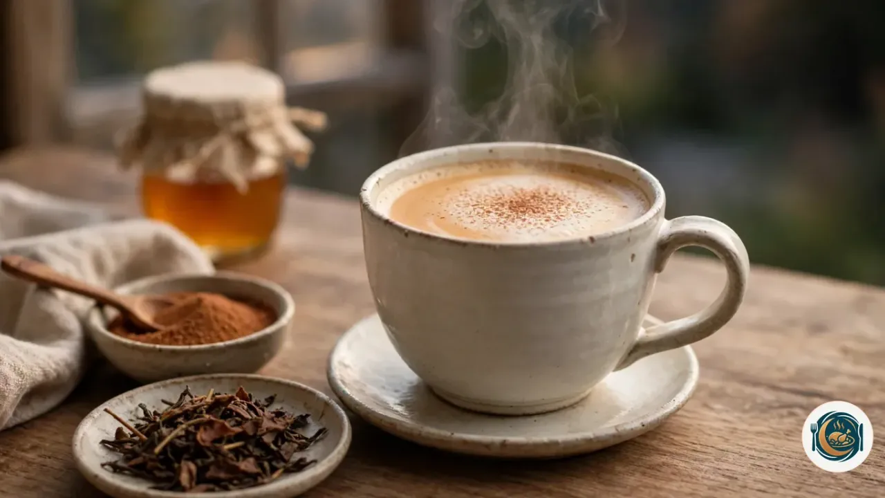 Taza de hojicha latte con espuma junto a hojas de té tostado