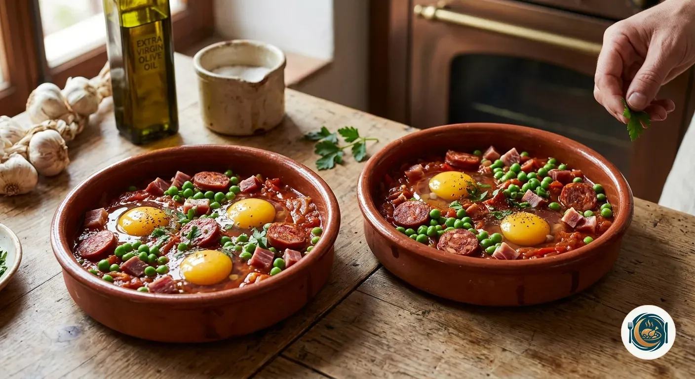 Cazuelas de huevos a la flamenca montadas antes de entrar al horno