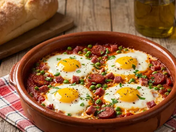 Cazuela de barro con huevos a la flamenca, tomate, guisantes, jamón y chorizo