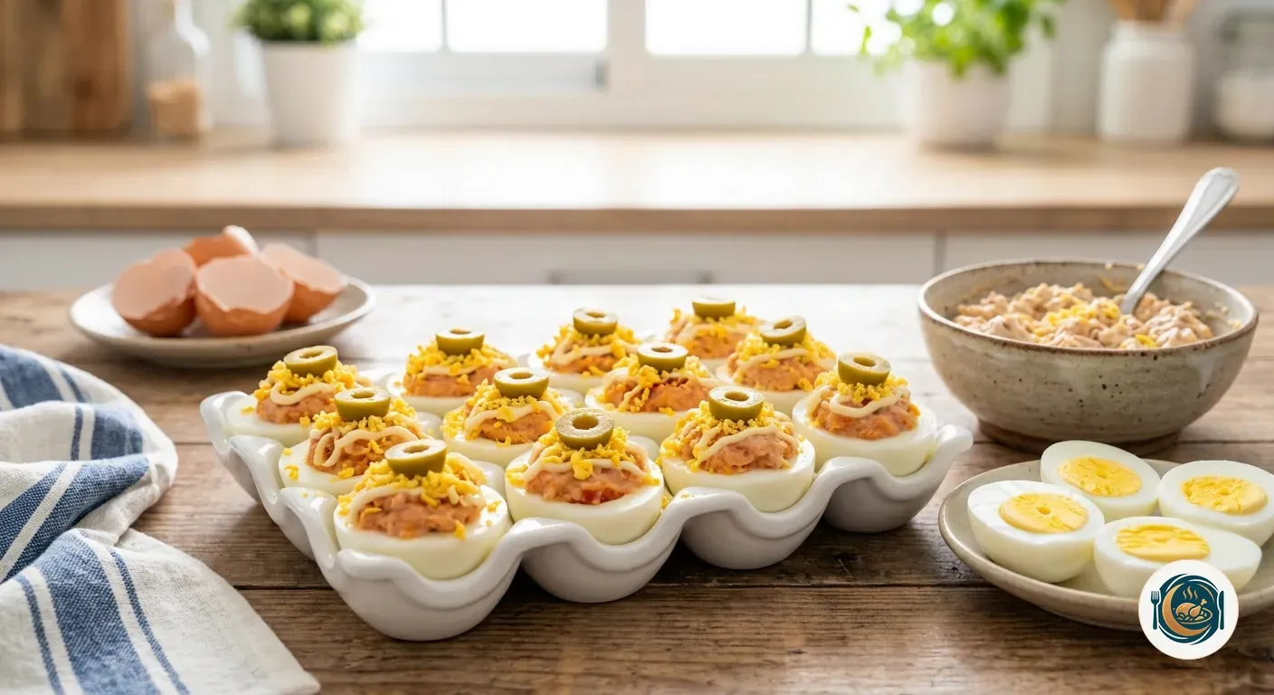 Huevos rellenos de atún emplatados con yema rallada y aceitunas