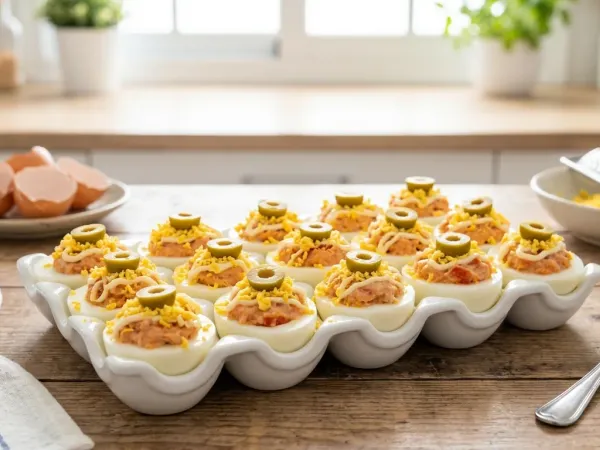 Bandeja de huevos rellenos de atún con mayonesa y yema rallada por encima