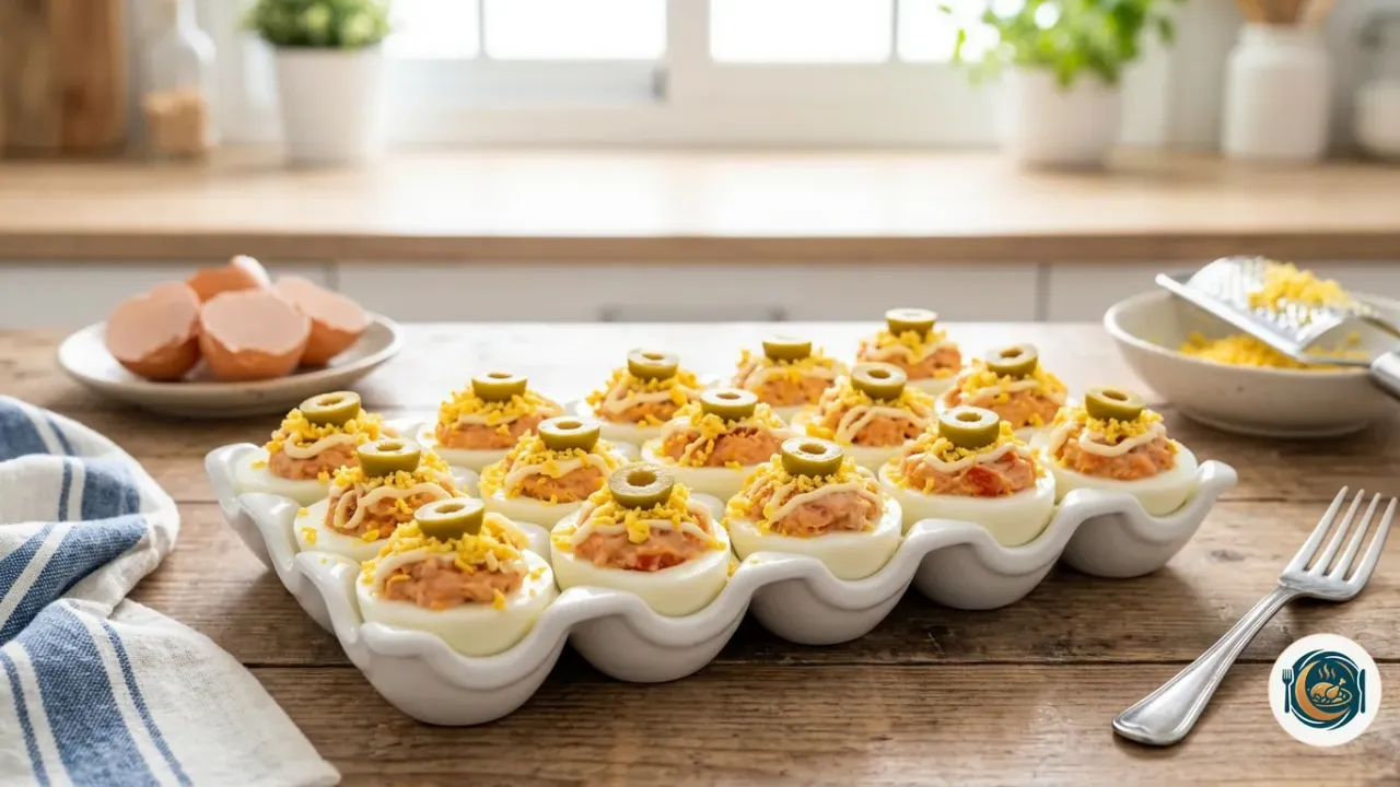 Bandeja de huevos rellenos de atún con mayonesa y yema rallada por encima