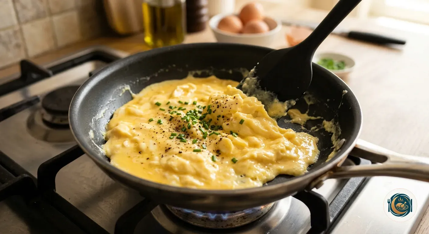 Huevos revueltos cuajándose en la sartén con espátula