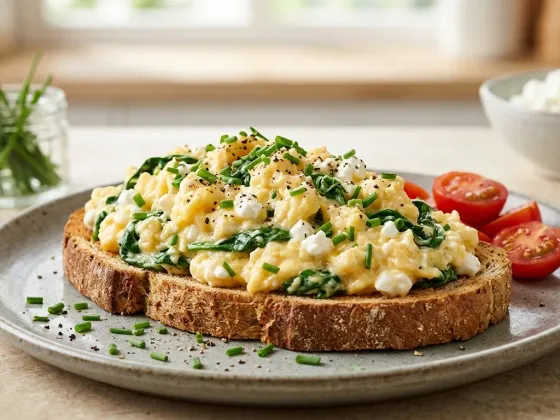 Huevos revueltos cremosos con queso cottage y espinacas sobre tostada integral con cebollino