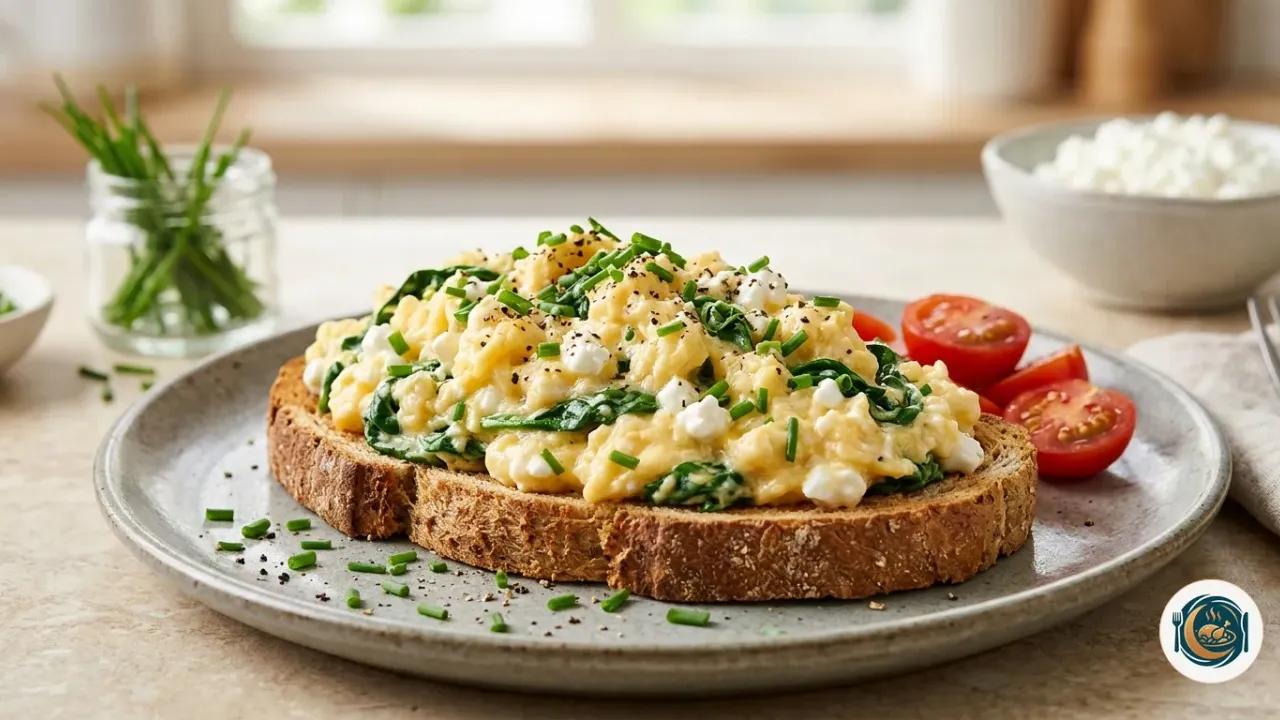 Huevos revueltos cremosos con queso cottage y espinacas sobre tostada integral con cebollino