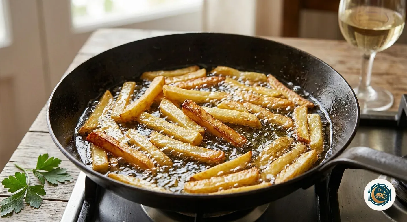 Patatas dorándose en la sartén para unos huevos rotos con jamón
