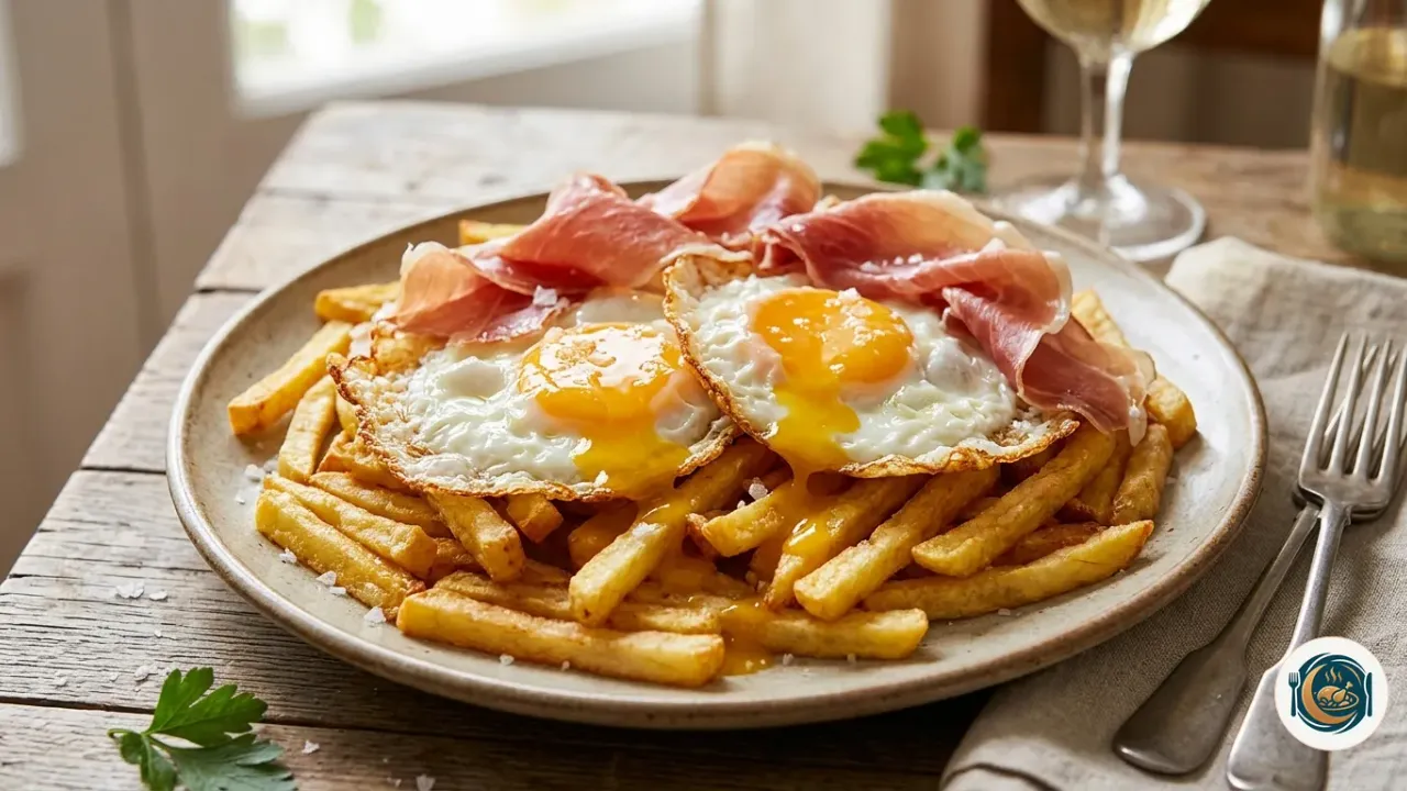 Plato de huevos rotos con jamón serrano sobre patatas doradas y yema líquida