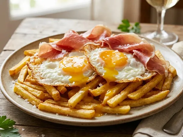 Plato de huevos rotos con jamón serrano sobre patatas doradas y yema líquida