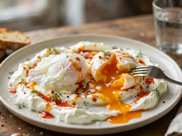 Huevos turcos escalfados sobre yogur con mantequilla de pimentón y eneldo